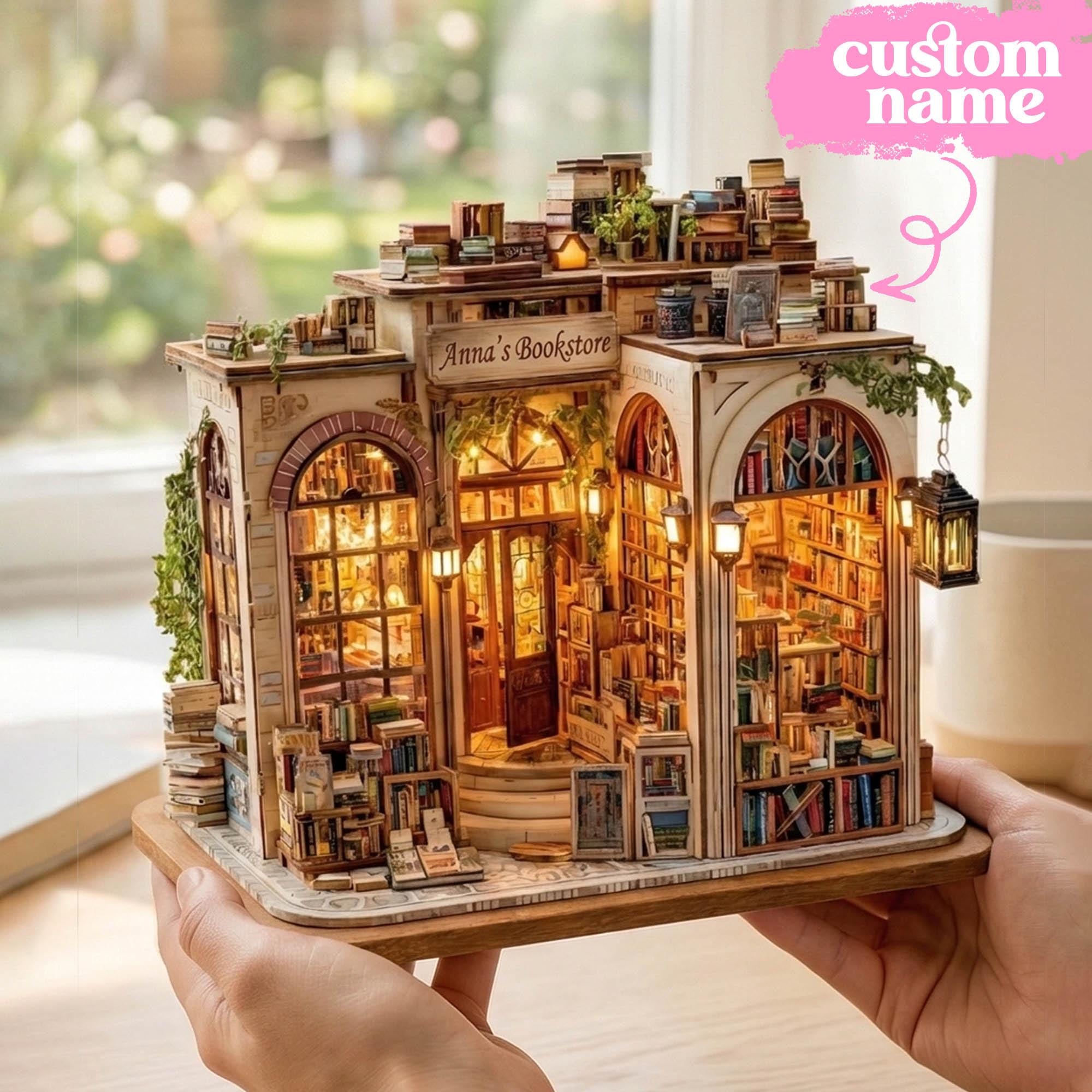 Personalized 2D Miniature Bookstore Wooden Model - Vintage Library Decor - Custom Name Book Lover Gift