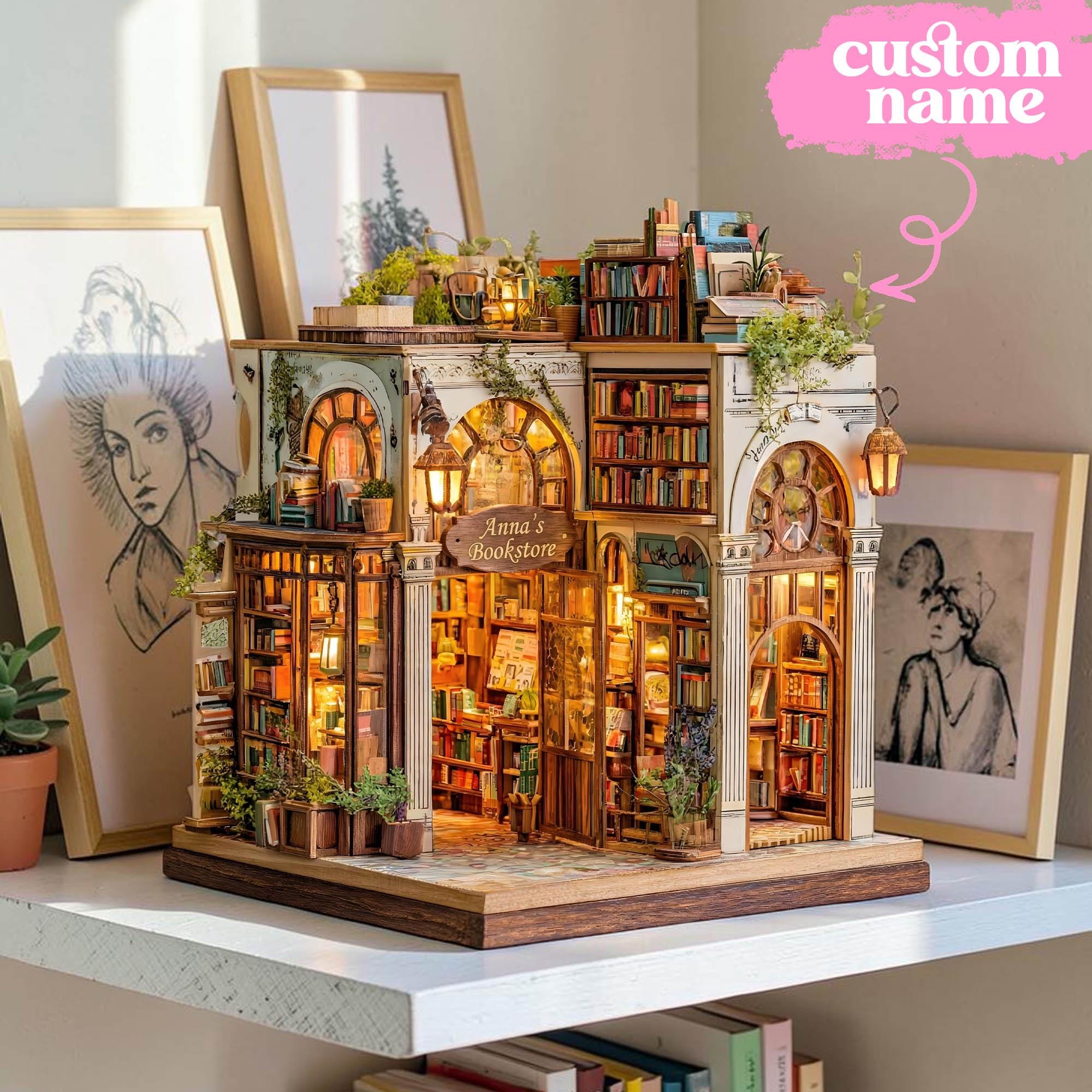 Personalized 2D Miniature Bookstore Wooden Model - Vintage Library Decor - Custom Name Book Lover Gift