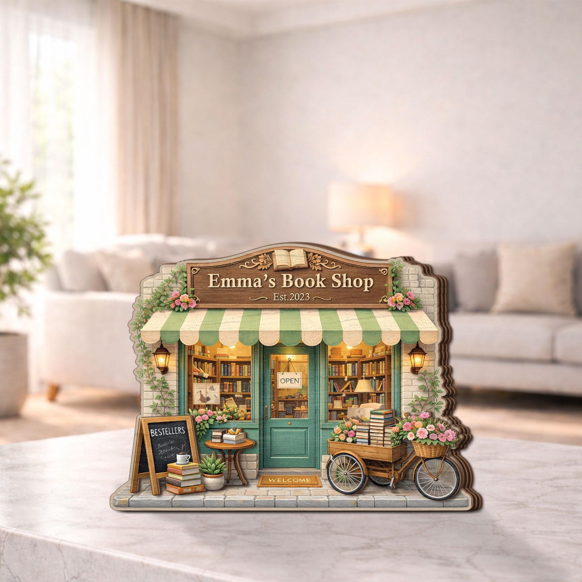 Personalized Bookshop Wooden Block, Custom Bookstore Shelf Sitter, Reading Nook Decor, Book Lover Gift, Cozy Bookshelf Wooden Plaque Decor