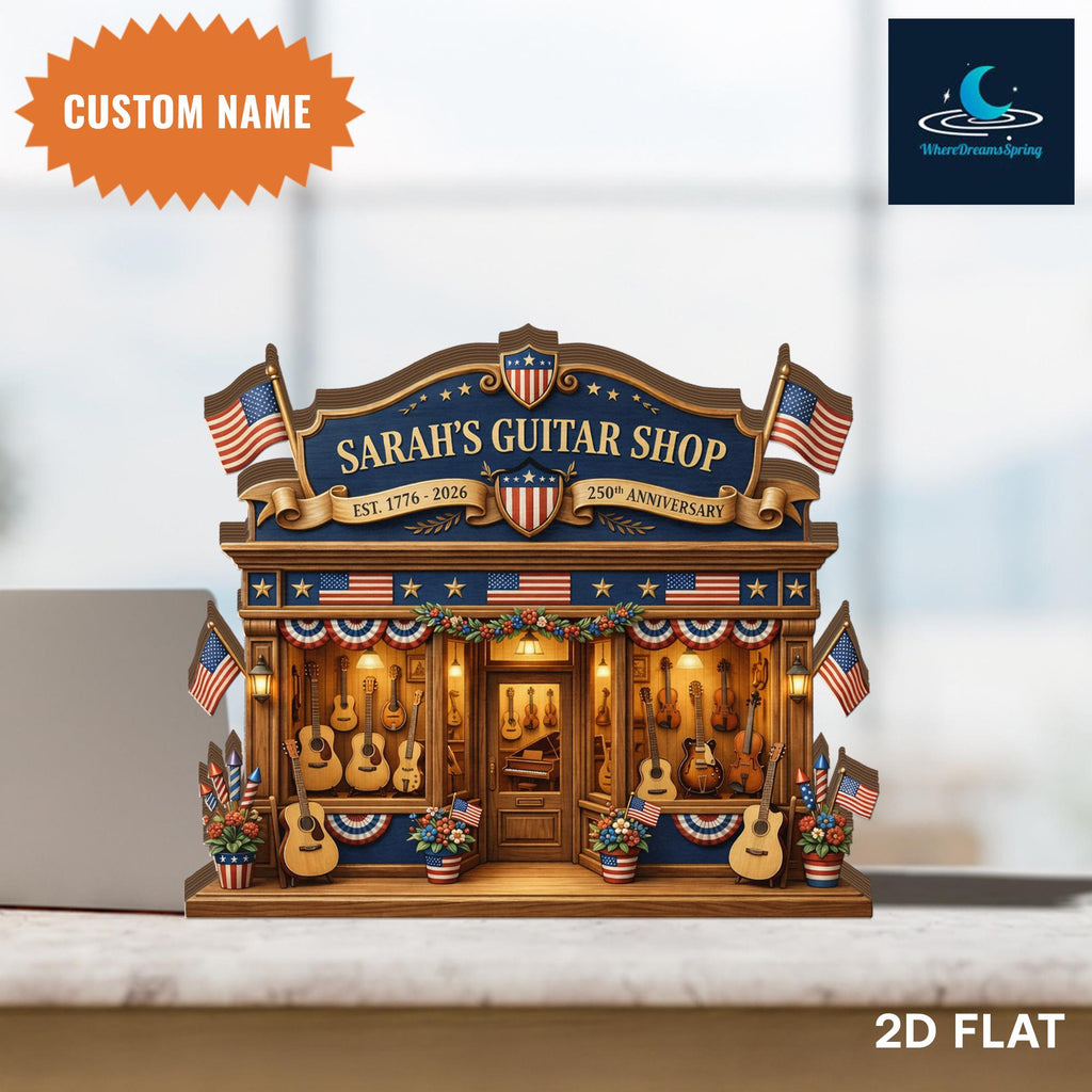 Personalized Patriotic Guitar Shop Wooden Block, Custom Name Music Decor