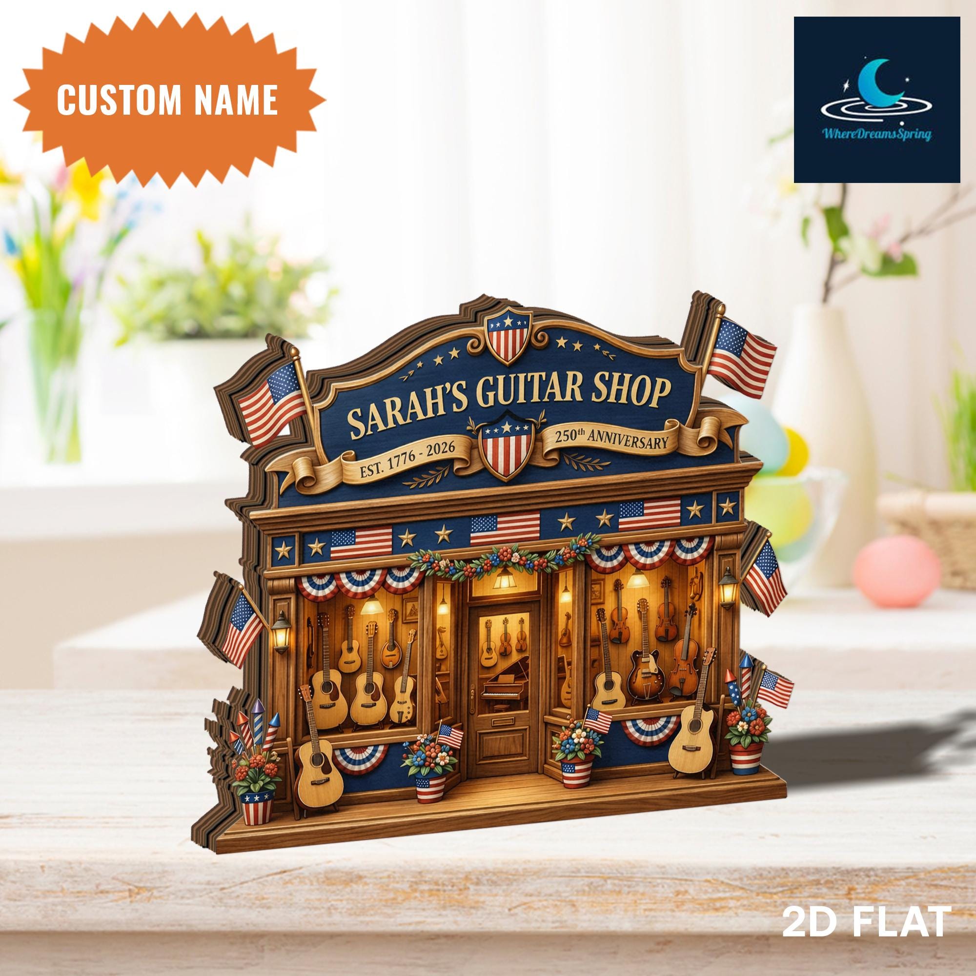 Personalized Patriotic Guitar Shop Wooden Block, Custom Name Music Decor