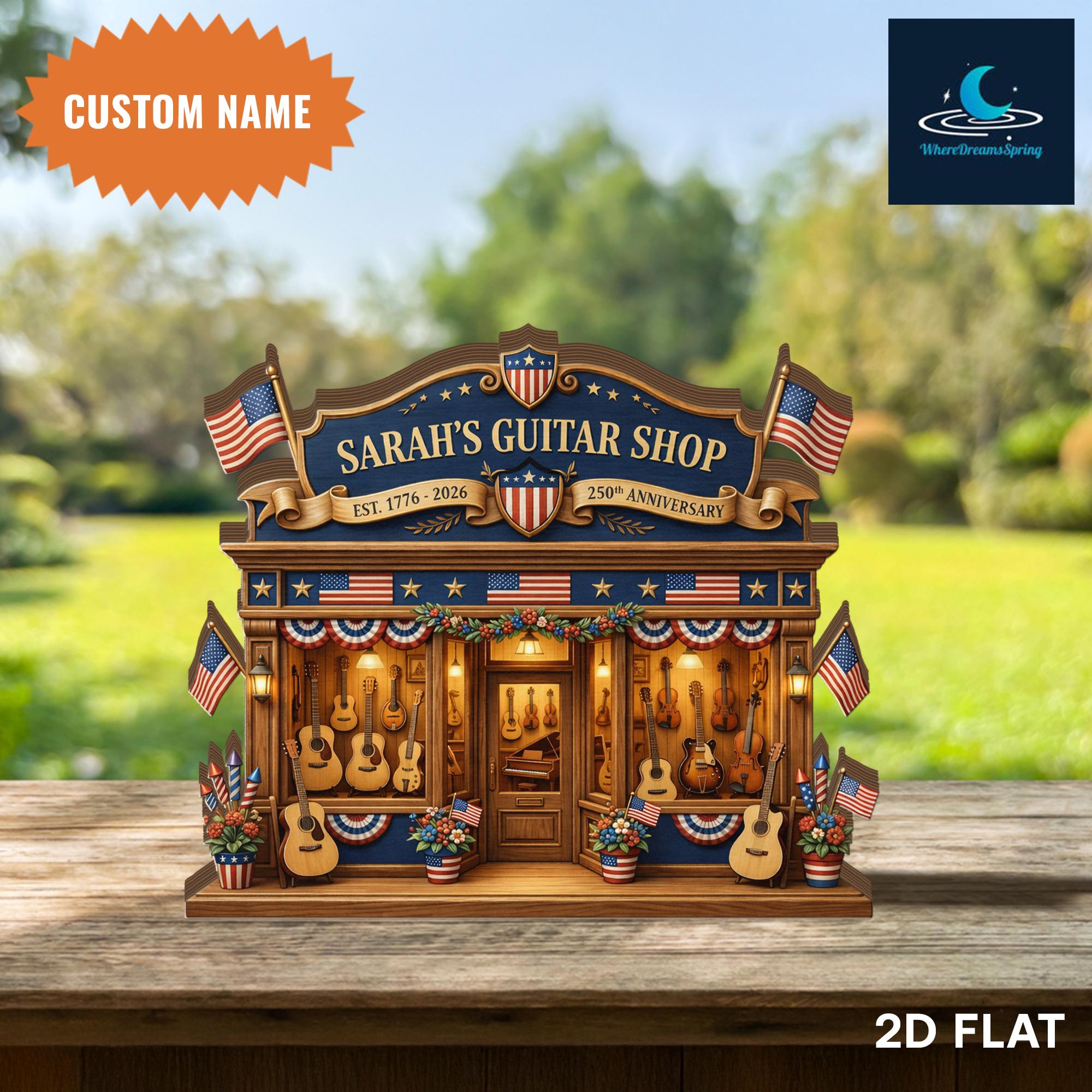 Personalized Patriotic Guitar Shop Wooden Block, Custom Name Music Decor