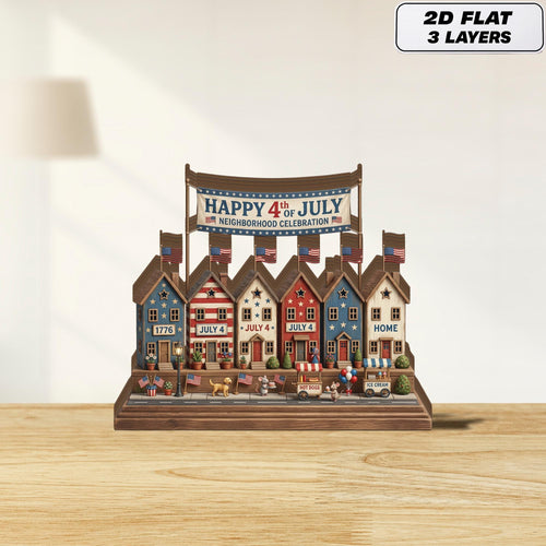 4th of July Village Display Wooden Block, 250th Anniversary Americana Home Decor, Independence Day Shelf Sign