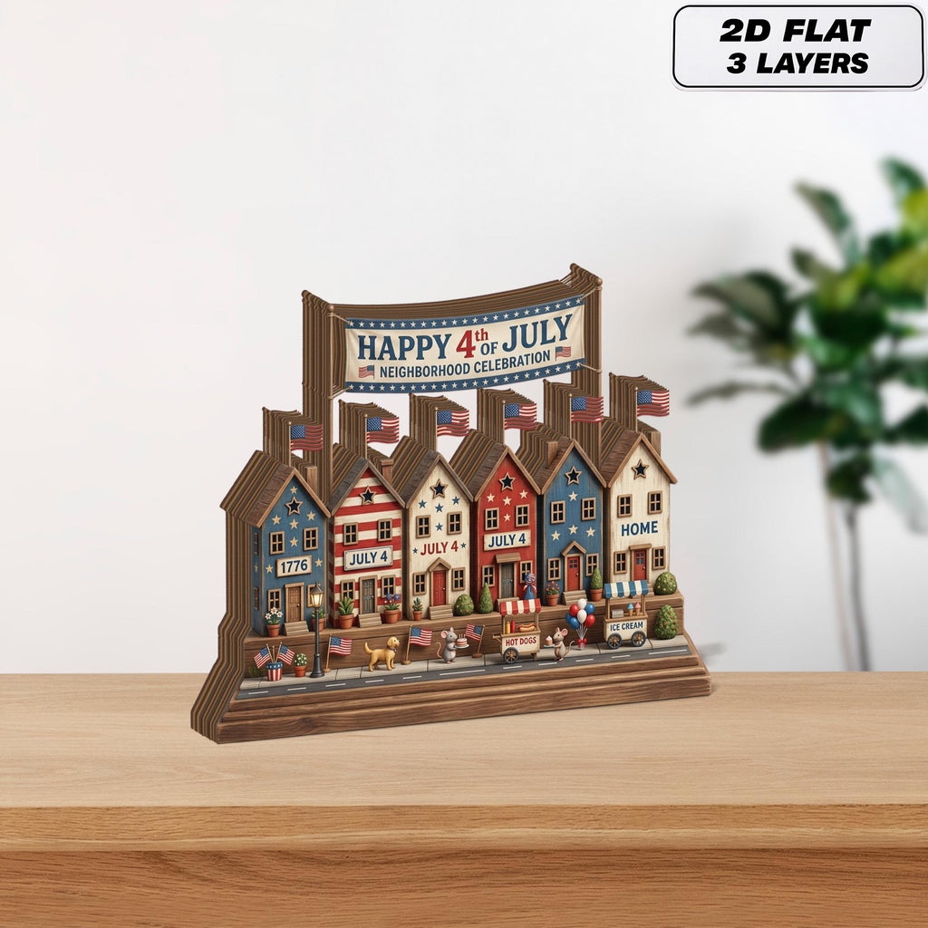 4th of July Village Display Wooden Block, 250th Anniversary Americana Home Decor, Independence Day Shelf Sign