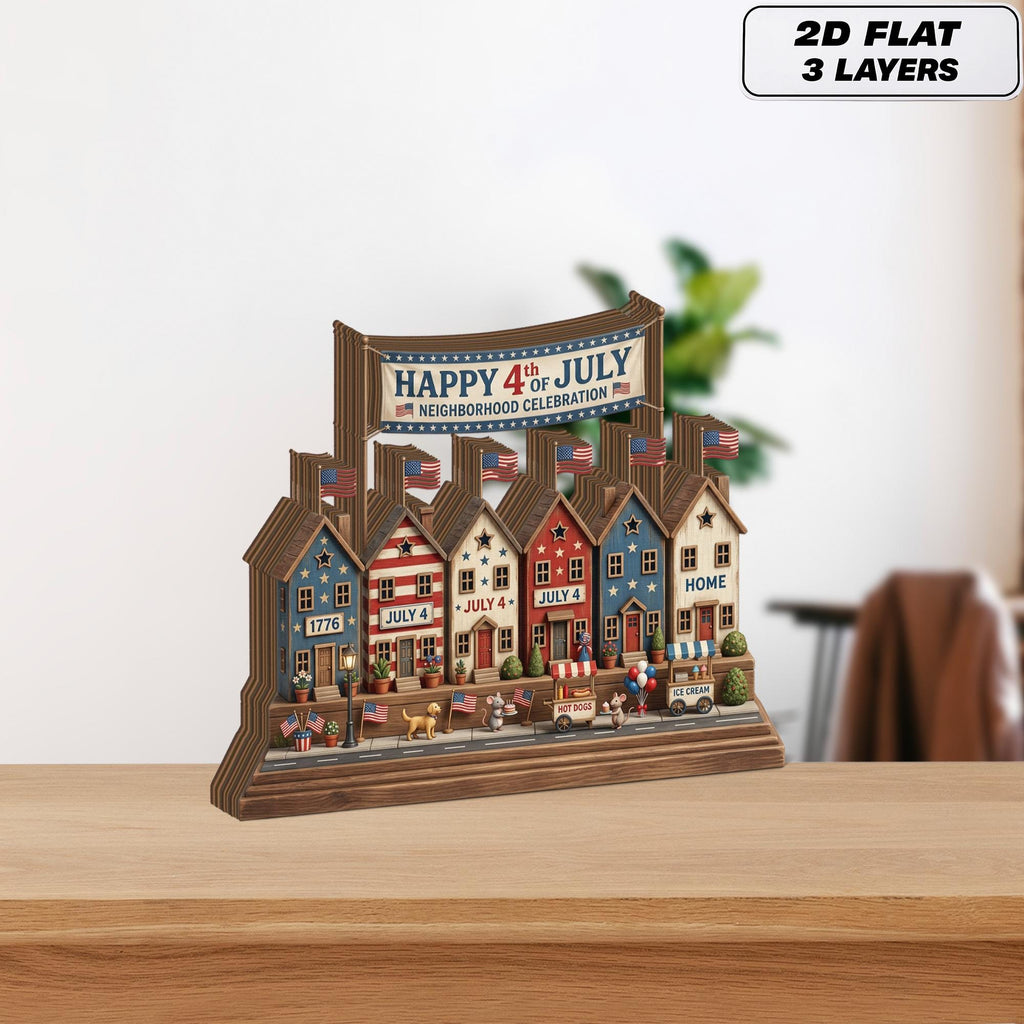 4th of July Village Display Wooden Block, 250th Anniversary Americana Home Decor, Independence Day Shelf Sign