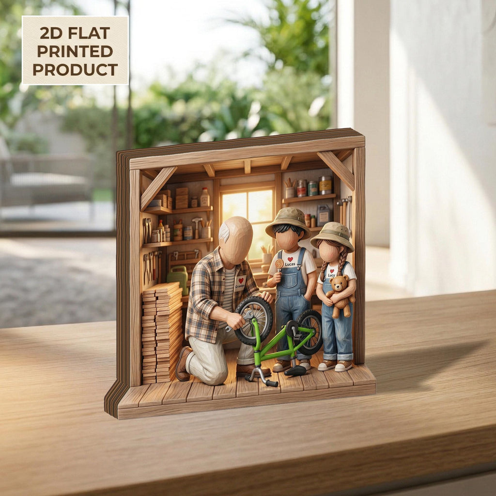 Fathers Day 2D FLAT Wooden Block Gift, Grandpa with Kids Workshop Scene,Personalized Family Keepsake,Custom Name Wood Decor,Gift for Grandpa