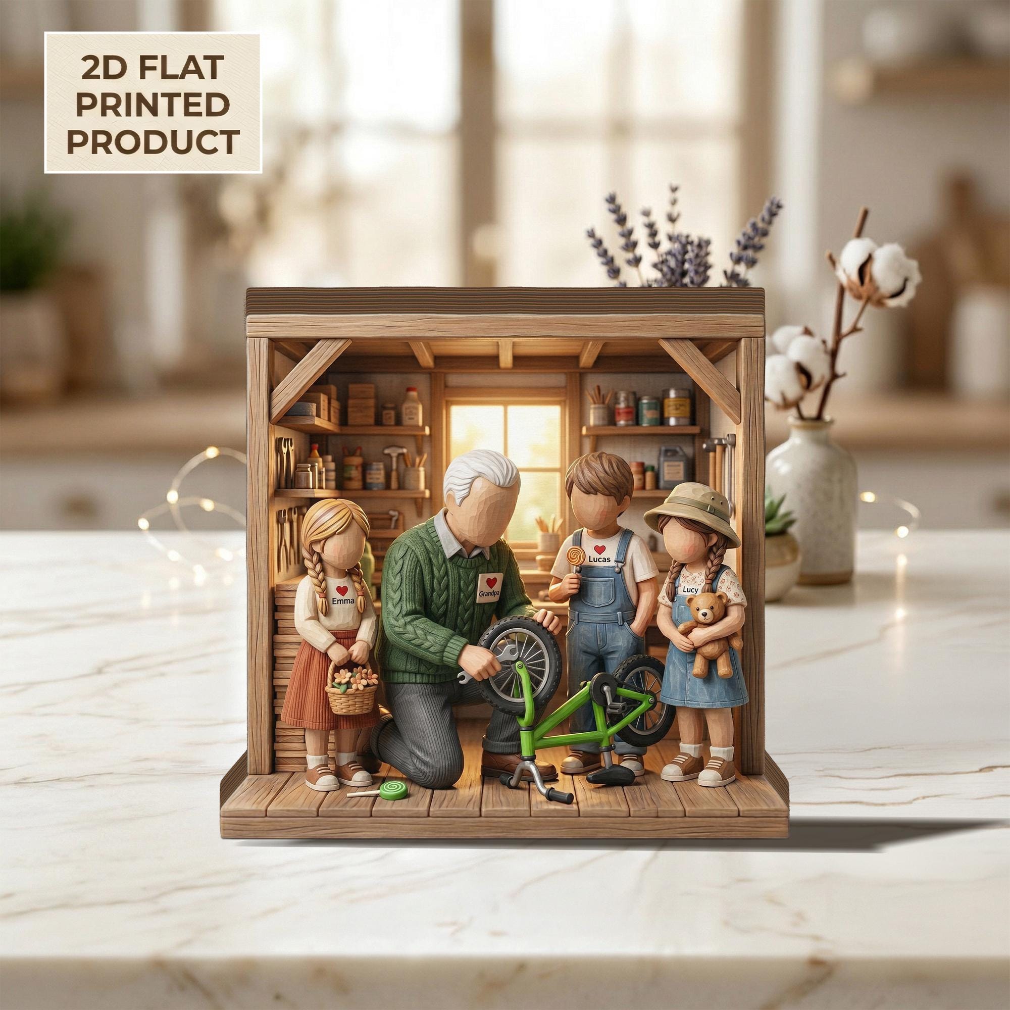 Fathers Day 2D FLAT Wooden Block Gift, Grandpa with Kids Workshop Scene,Personalized Family Keepsake,Custom Name Wood Decor,Gift for Grandpa