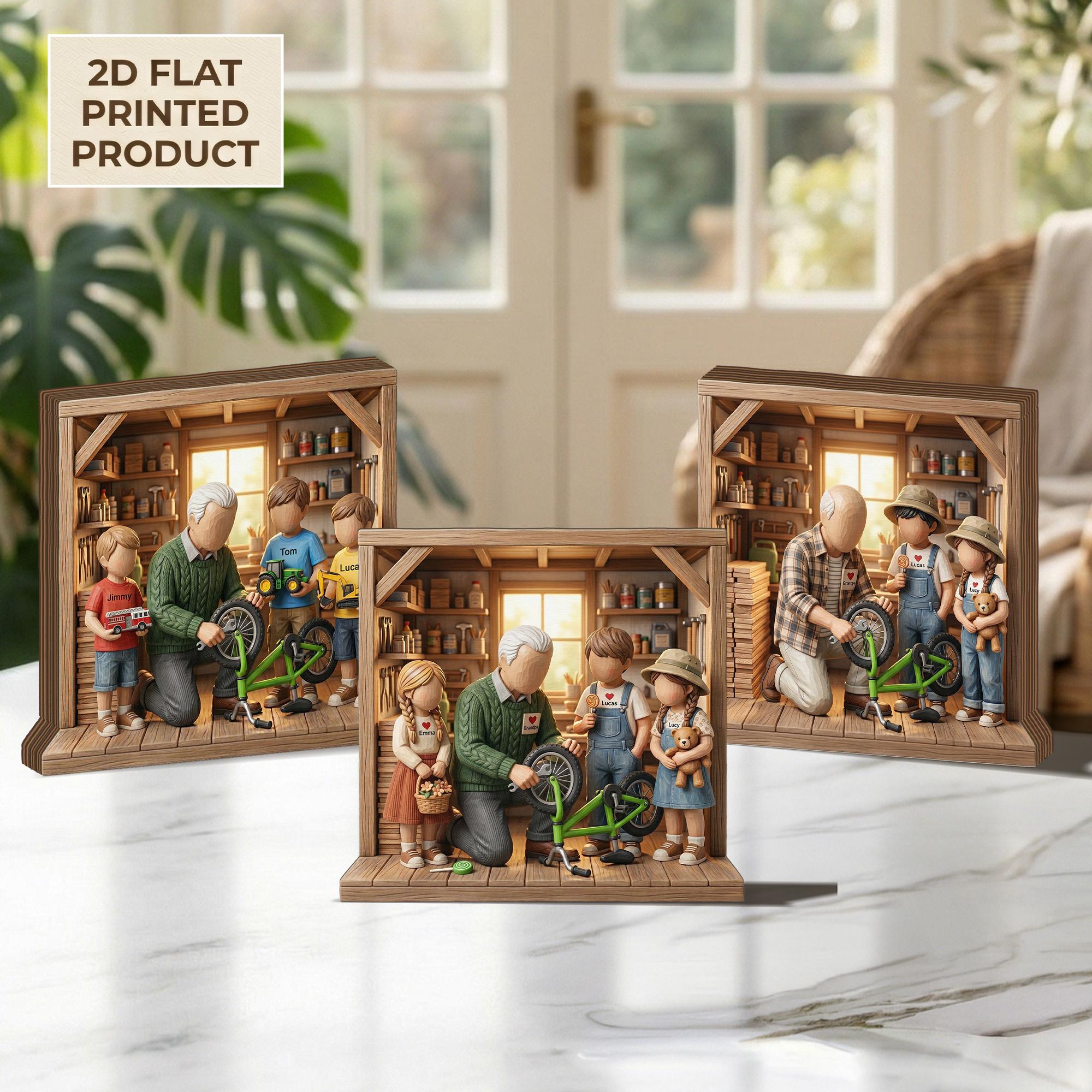 Fathers Day 2D FLAT Wooden Block Gift, Grandpa with Kids Workshop Scene,Personalized Family Keepsake,Custom Name Wood Decor,Gift for Grandpa